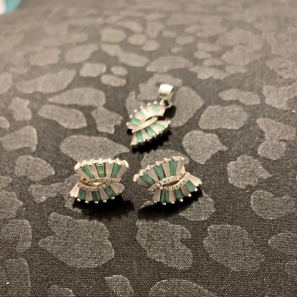 Sterling Silver Set Green and White CZ Handmade in Nicaragua